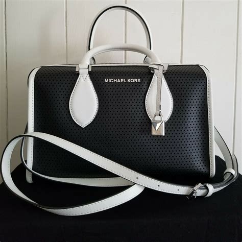 michael kors white with black writing|Michael Kors black purse small.